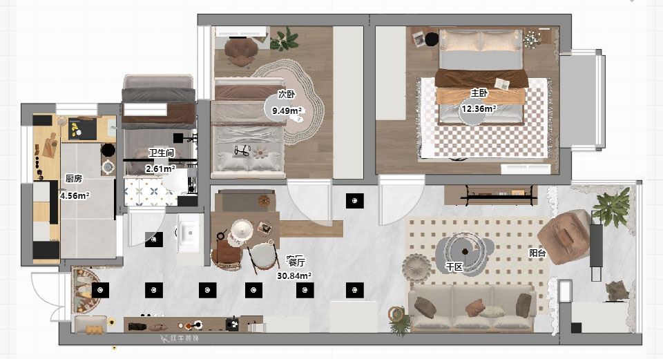 朱明琪｜观泓雅苑B区2-2005-83㎡-原木风格｜2室1厅1卫｜新房装修｜定制家｜全包11万｜00_03平面彩图